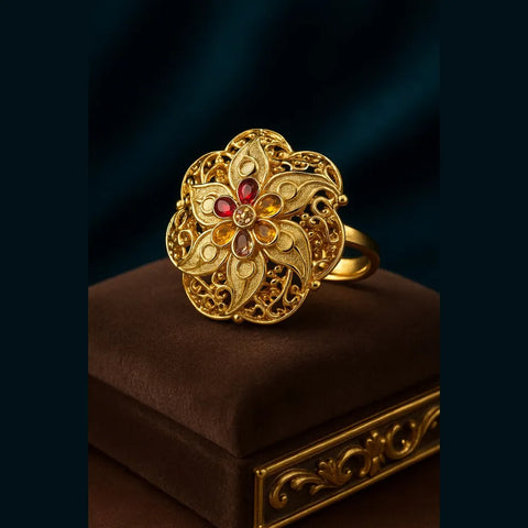 Floral Design 1 Gram Gold-Plated Ring – Multicolor Stones, Adjustable Fit
