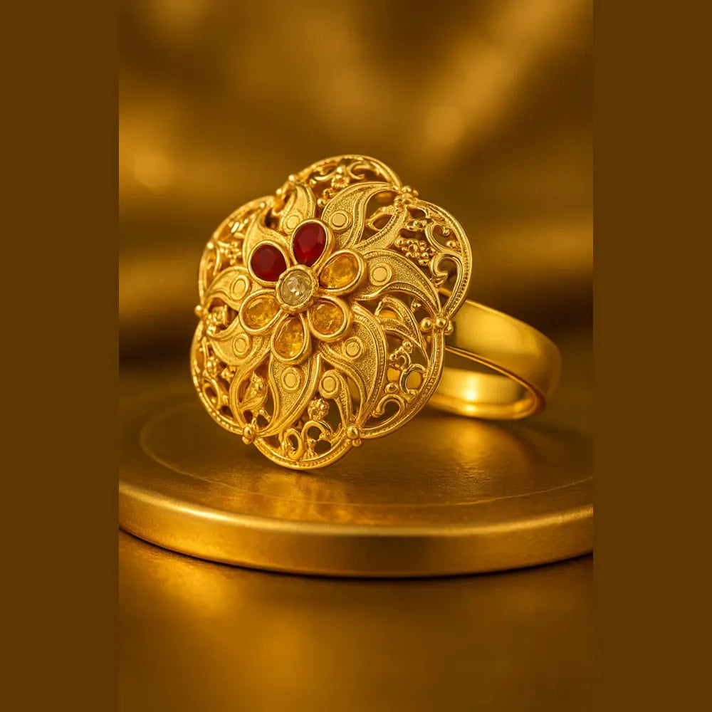 Floral Design 1 Gram Gold-Plated Ring – Multicolor Stones, Adjustable Fit