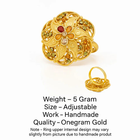 Floral Design 1 Gram Gold-Plated Ring – Multicolor Stones, Adjustable Fit