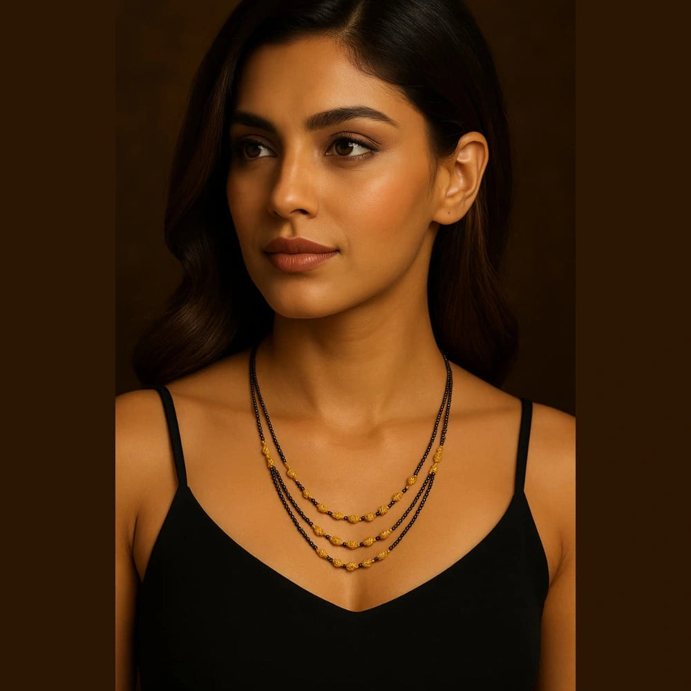 Zhome (ZevarHouse) 3-Layer Onegram Gold-Plated Beaded Mangalsutra – Handmade Black Beads Bridal Jewellery