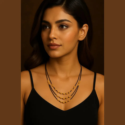 Triple Layer Gold-Plated Mangalsutra – Elegant Black Bead Necklace for Women