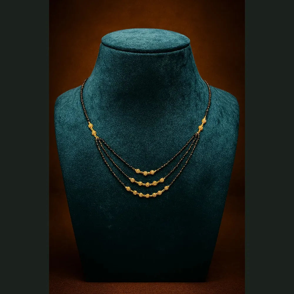Triple Layer Gold-Plated Mangalsutra – Elegant Black Bead Necklace for Women
