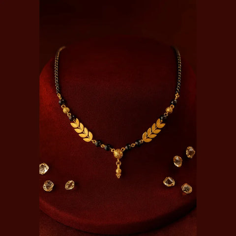 Gold-Plated Leaf Design Mangalsutra – Elegant Black Bead Necklace for Women
