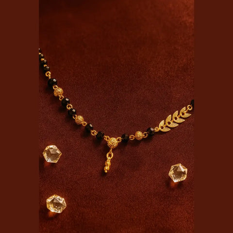 Gold-Plated Leaf Design Mangalsutra – Elegant Black Bead Necklace for Women