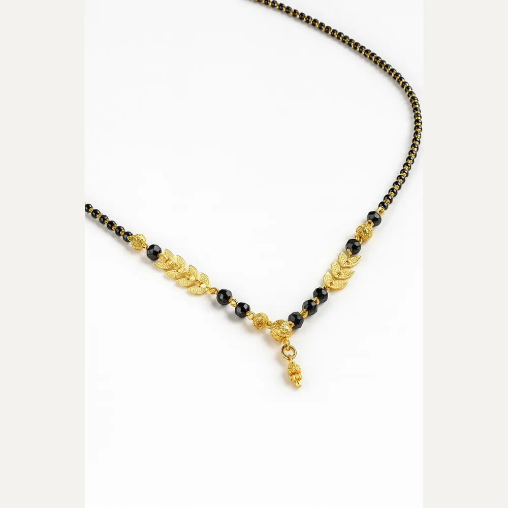Gold-Plated Leaf Design Mangalsutra – Elegant Black Bead Necklace for Women