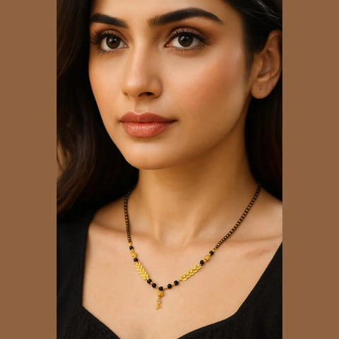 Gold-Plated Leaf Design Mangalsutra – Elegant Black Bead Necklace for Women