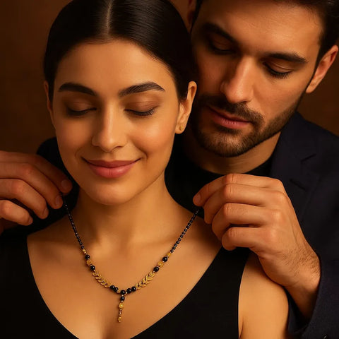 Gold-Plated Leaf Design Mangalsutra – Elegant Black Bead Necklace for Women