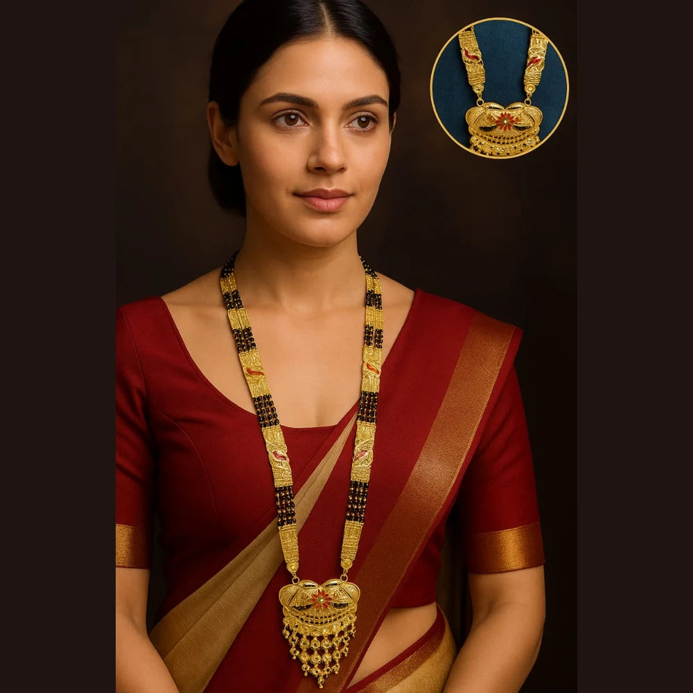Zhome (ZevarHouse) 4-Layer Onegram Gold-Plated Ranihaar Mangalsutra with Big Pendant – Handmade Bridal Jewellery