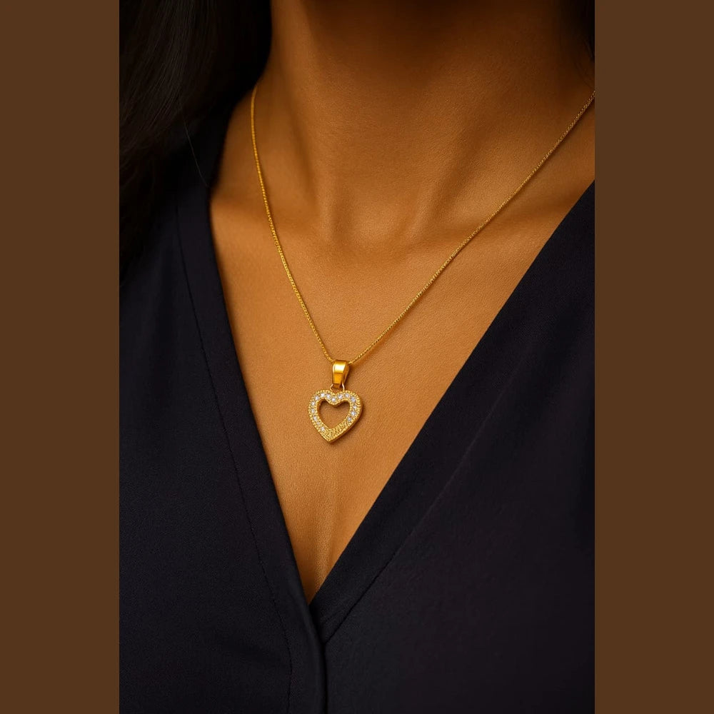 Gold-Plated Heart Pendant with CZ Stones – Elegant Love Necklace