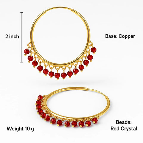 Gold Plated Red Crystal Hoop Earrings – Handmade Brass & Copper