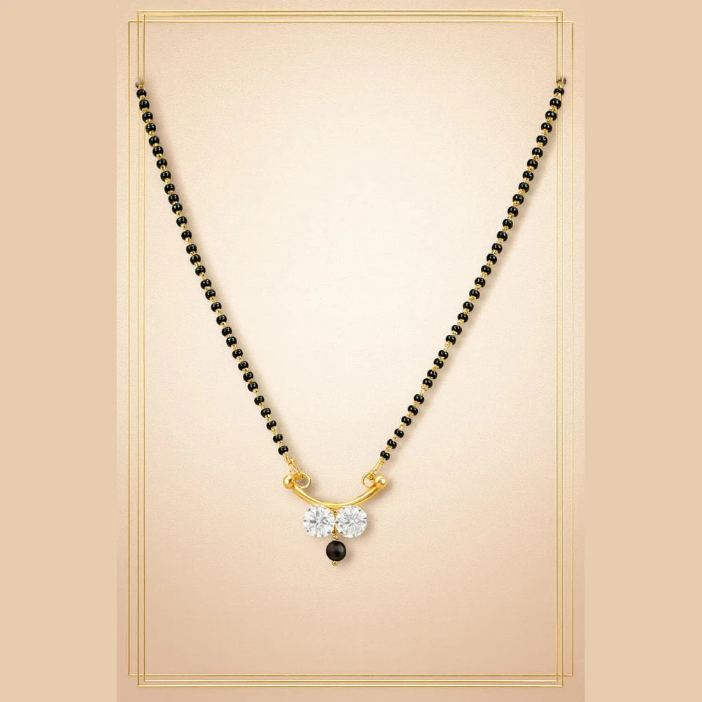 Real Gold Look Short Black Beads Mangalsutra with White AD Pendant – Daily Wear