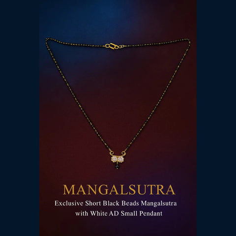 Real Gold Look Short Black Beads Mangalsutra with White AD Pendant – Daily Wear