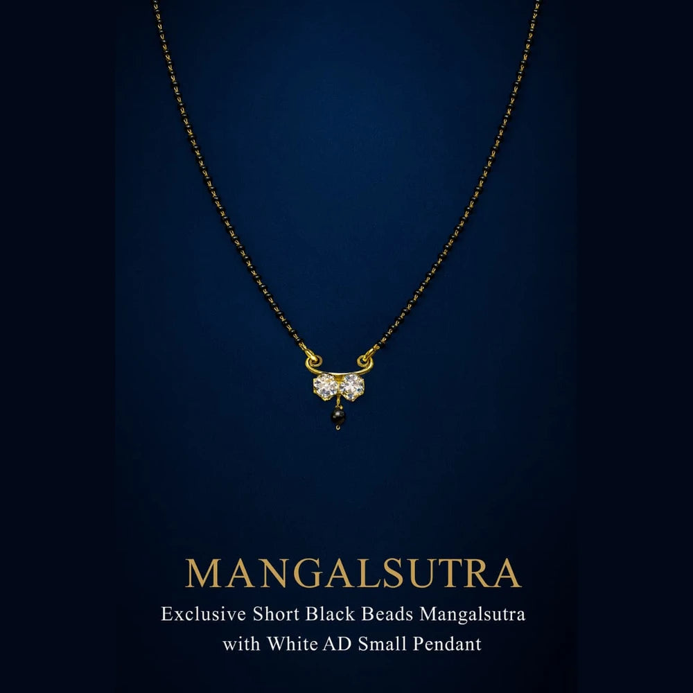 Real Gold Look Short Black Beads Mangalsutra with White AD Pendant – Daily Wear