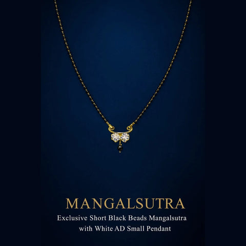 Real Gold Look Short Black Beads Mangalsutra with White AD Pendant – Daily Wear
