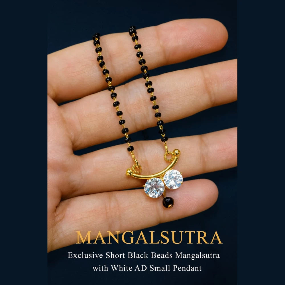 Real Gold Look Short Black Beads Mangalsutra with White AD Pendant – Daily Wear