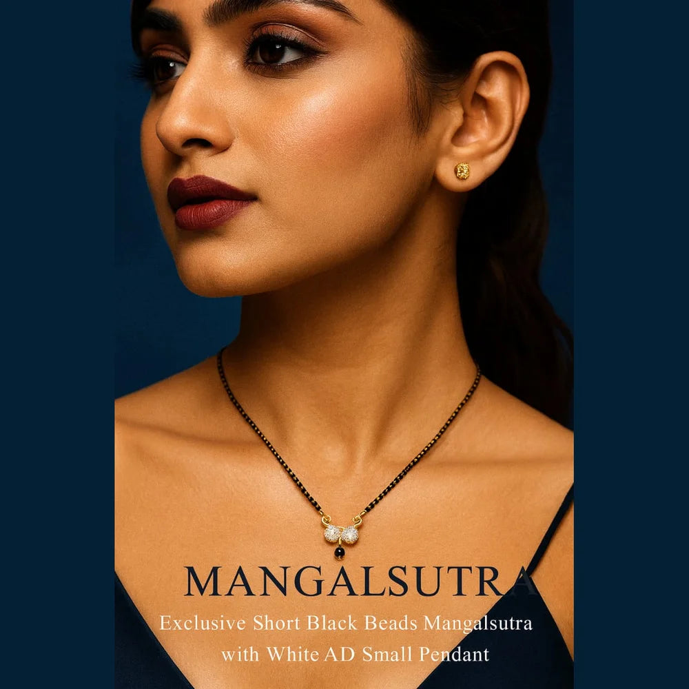 Real Gold Look Short Black Beads Mangalsutra with White AD Pendant – Daily Wear
