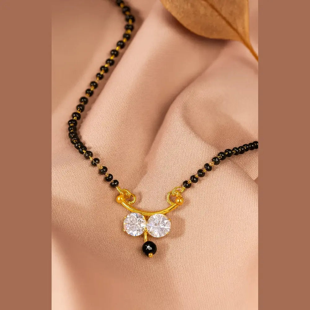 Real Gold Look Short Black Beads Mangalsutra with White AD Pendant – Daily Wear
