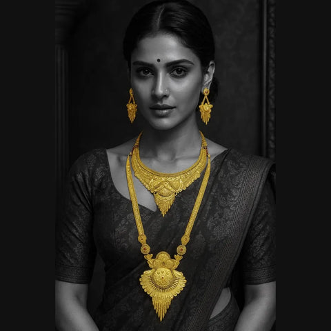 Royal Gold-Plated Bridal Jewellery Set – Long Haar, Choker & Earrings