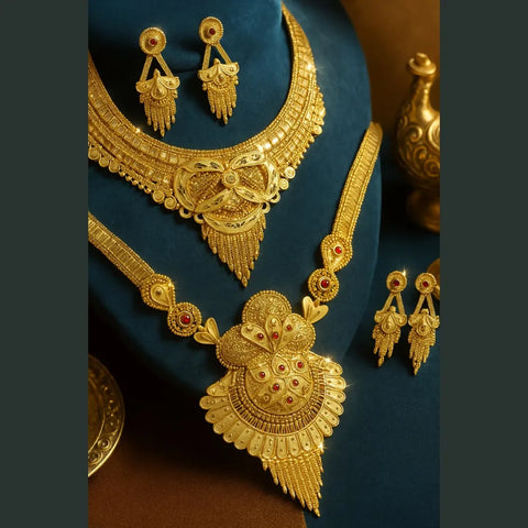 Royal Gold-Plated Bridal Jewellery Set – Long Haar, Choker & Earrings