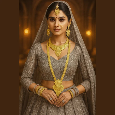 Royal Gold-Plated Bridal Jewellery Set – Long Haar, Choker & Earrings
