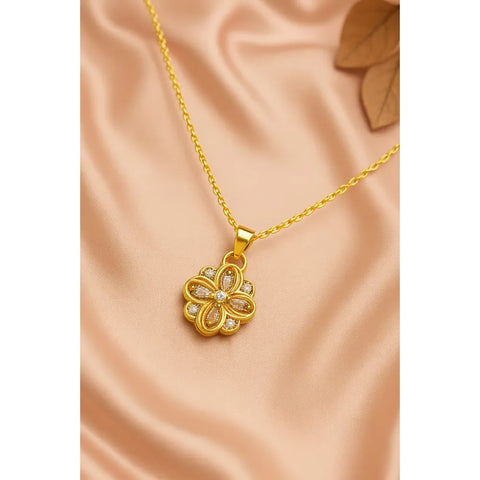 Elegant Gold-Plated Floral Pendant Necklace with CZ Stones – Lightweight Daily Wear