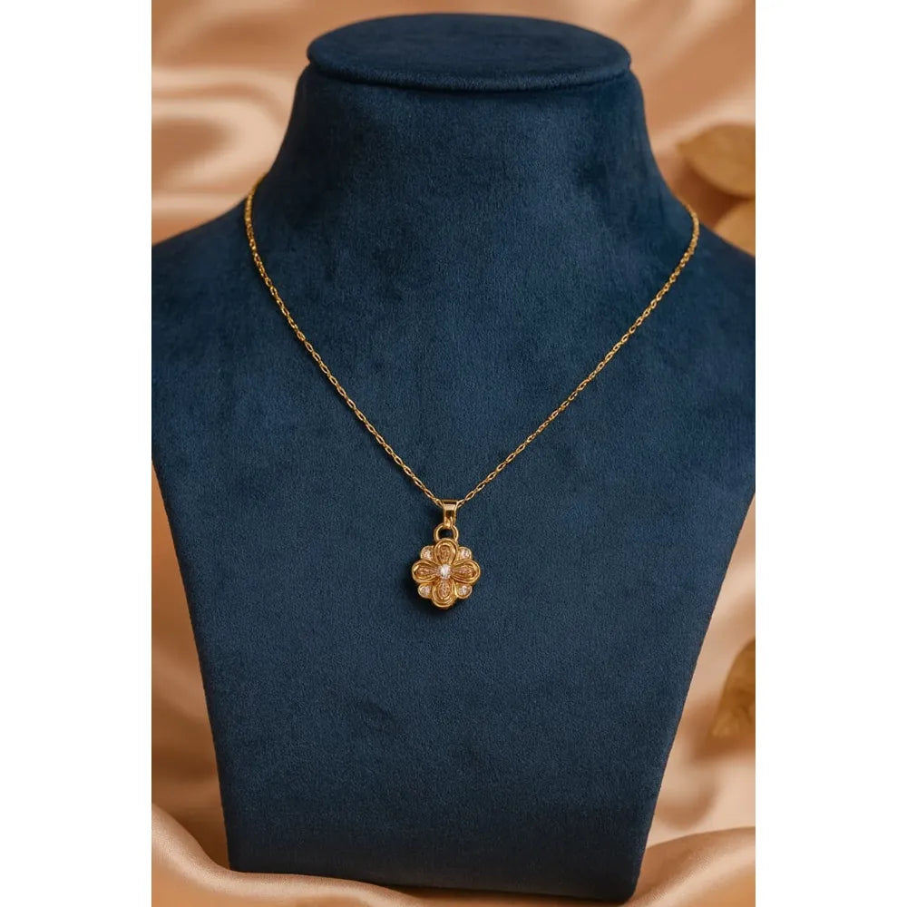 Elegant Gold-Plated Floral Pendant Necklace with CZ Stones – Lightweight Daily Wear