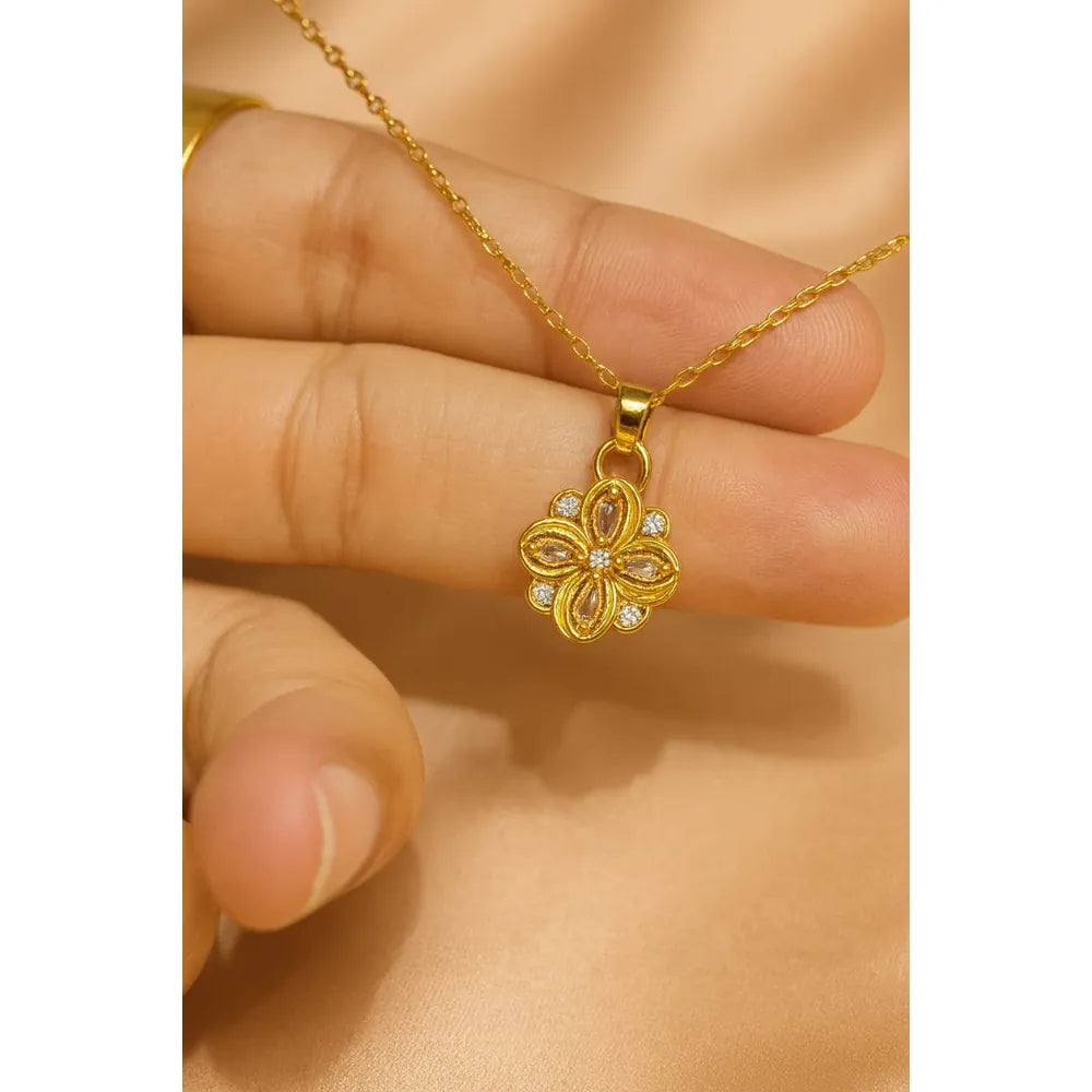 Elegant Gold-Plated Floral Pendant Necklace with CZ Stones – Lightweight Daily Wear