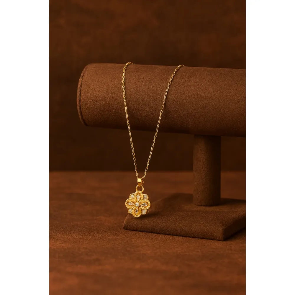 Elegant Gold-Plated Floral Pendant Necklace with CZ Stones – Lightweight Daily Wear
