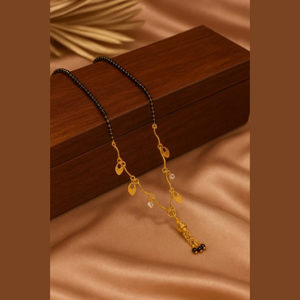 Lightweight One Gram Gold-Plated Daily Wear Mangalsutra with Black Beads & Leaf Charms – 5g