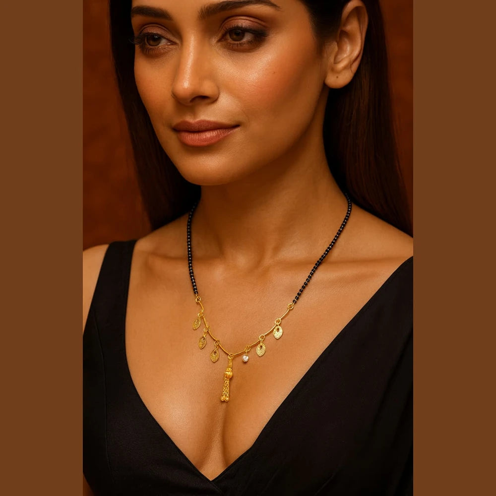 Lightweight One Gram Gold-Plated Daily Wear Mangalsutra with Black Beads & Leaf Charms – 5g