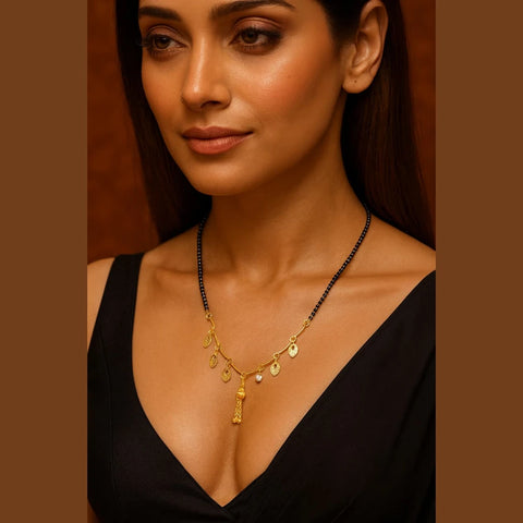 Lightweight One Gram Gold-Plated Daily Wear Mangalsutra with Black Beads & Leaf Charms – 5g