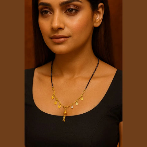 Lightweight One Gram Gold-Plated Daily Wear Mangalsutra with Black Beads & Leaf Charms – 5g