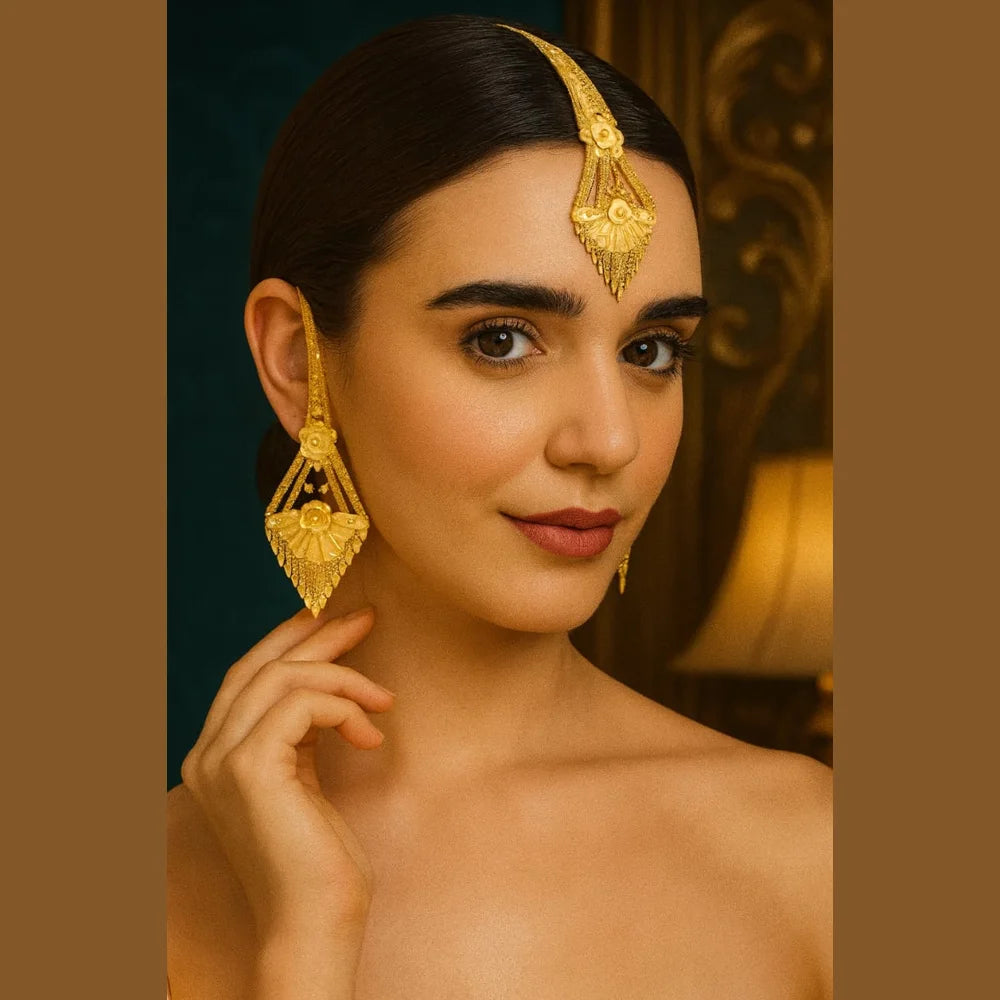 Elegant 22K Gold-Plated Earrings with Matching Maang Tikka – Real Gold Look