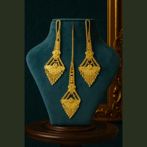 Elegant 22K Gold-Plated Earrings with Matching Maang Tikka – Real Gold Look