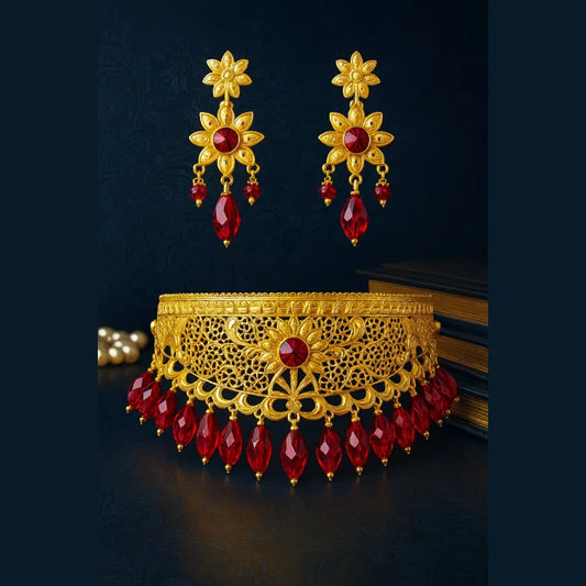 Product image of Royal Gold-Plated Bridal Choker Set with Red Beads & Earrings – image 1