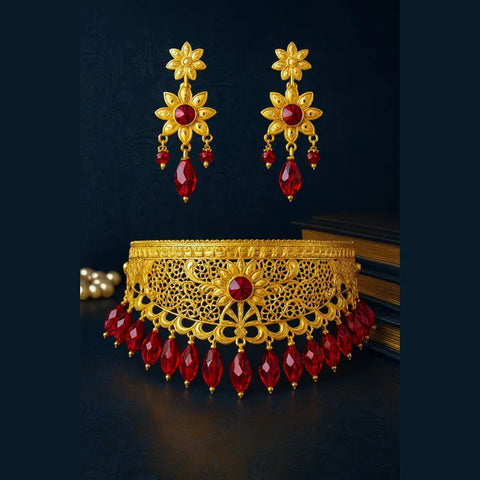 Royal Gold-Plated Bridal Choker Set with Red Beads & Earrings