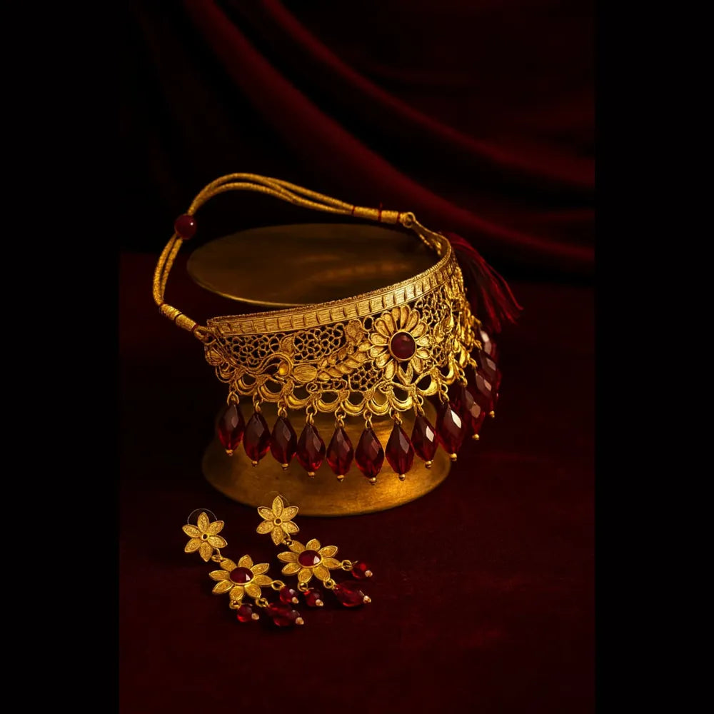 Royal Gold-Plated Bridal Choker Set with Red Beads & Earrings