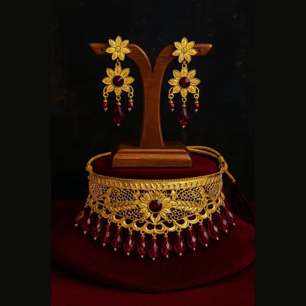 Royal Gold-Plated Bridal Choker Set with Red Beads & Earrings