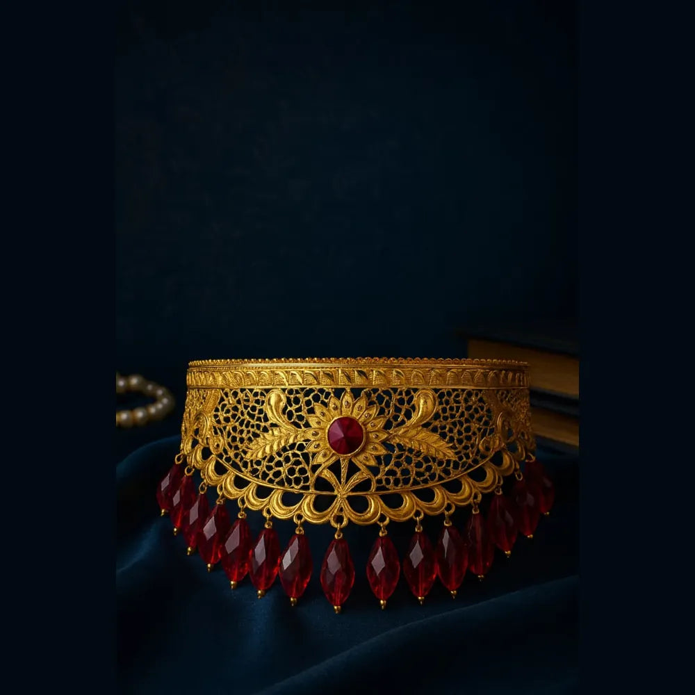 Royal Gold-Plated Bridal Choker Set with Red Beads & Earrings