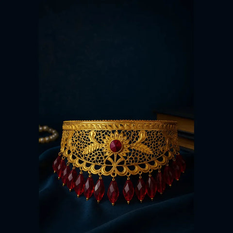 Royal Gold-Plated Bridal Choker Set with Red Beads & Earrings