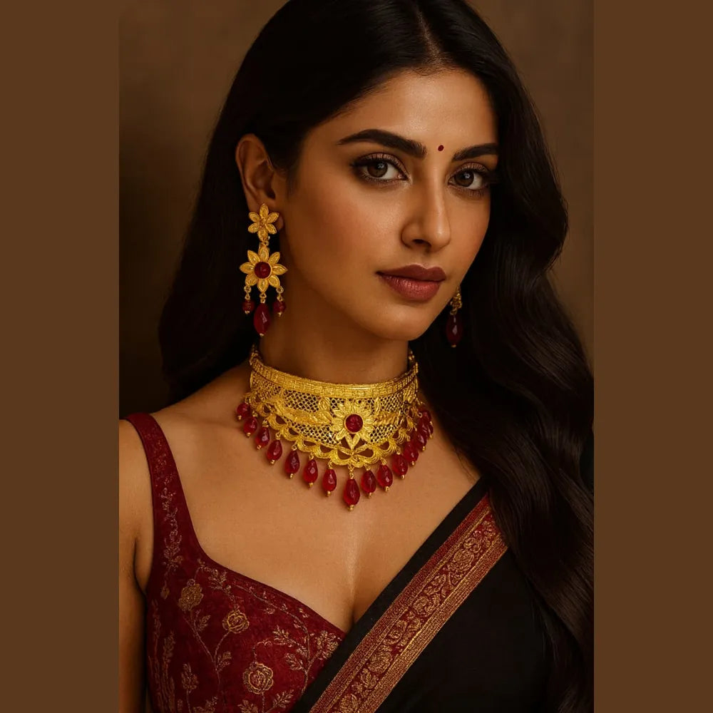 Royal Gold-Plated Bridal Choker Set with Red Beads & Earrings