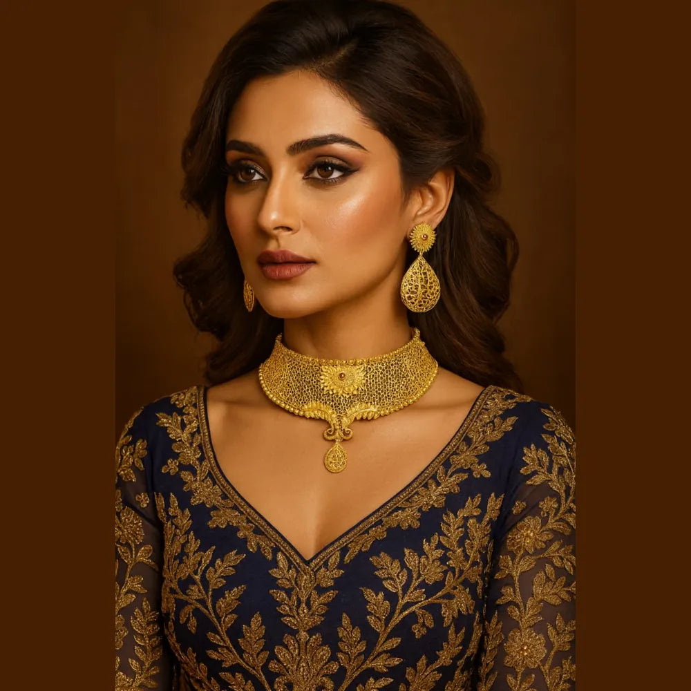 Floral Gold-Plated Bridal Choker Set with Drop Pendant & Teardrop Earrings