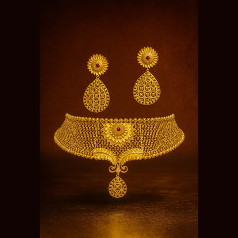 Floral Gold-Plated Bridal Choker Set with Drop Pendant & Teardrop Earrings