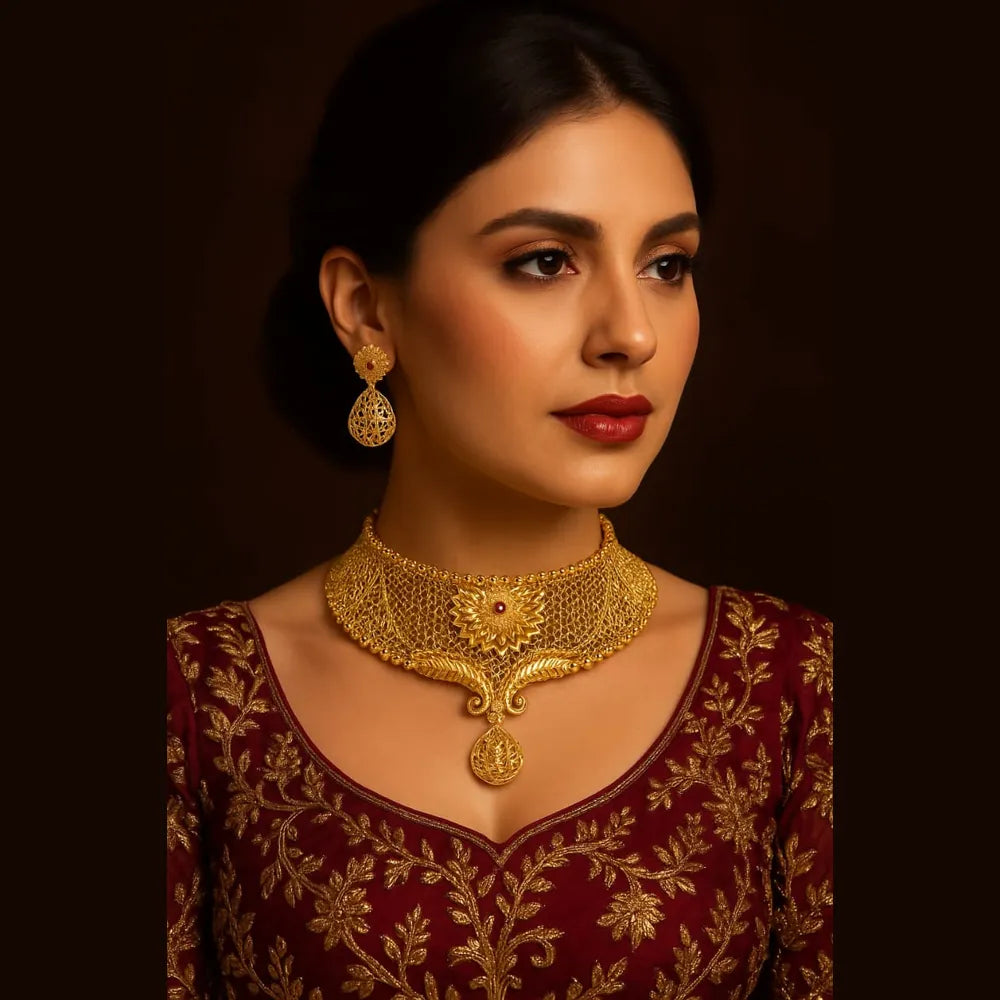 Floral Gold-Plated Bridal Choker Set with Drop Pendant & Teardrop Earrings