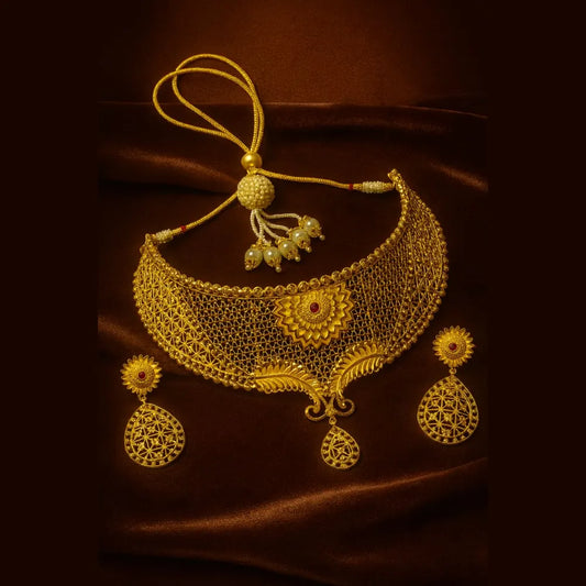 Product image of Floral Gold-Plated Bridal Choker Set with Drop Pendant & Teardrop Earrings – image 1
