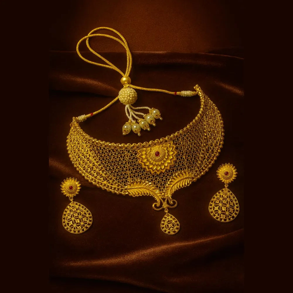 Floral Gold-Plated Bridal Choker Set with Drop Pendant & Teardrop Earrings