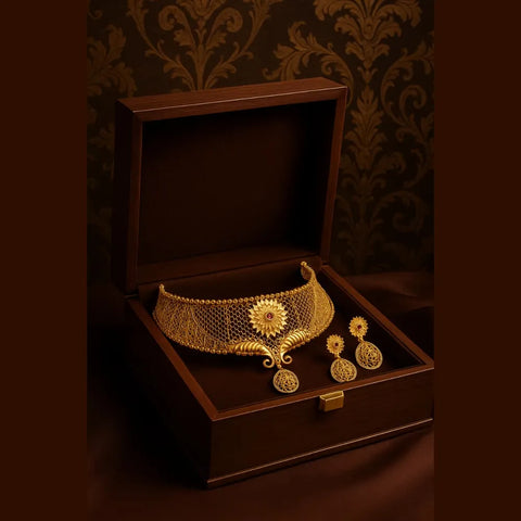 Floral Gold-Plated Bridal Choker Set with Drop Pendant & Teardrop Earrings