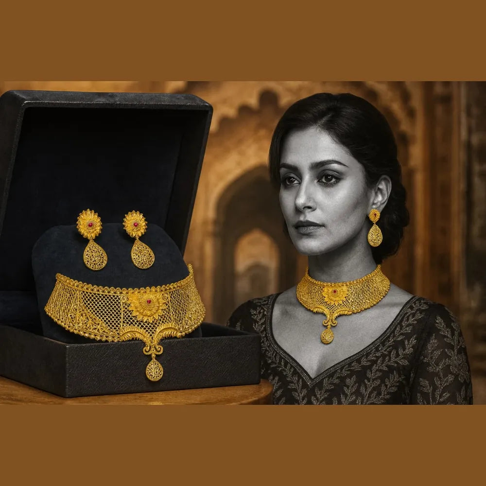 Floral Gold-Plated Bridal Choker Set with Drop Pendant & Teardrop Earrings