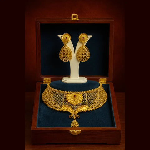 Floral Gold-Plated Bridal Choker Set with Drop Pendant & Teardrop Earrings