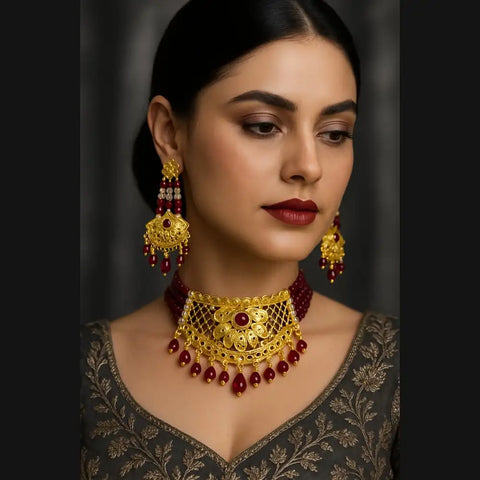 Royal Red Crystal Choker Necklace Set with Earrings – Handmade Gold-Plated Bridal Jewellery